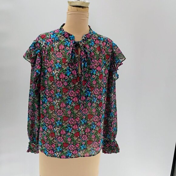 MNG by Mango Long Sleeve Blouse Size 6 Black Floral Print - Picture 1 of 14